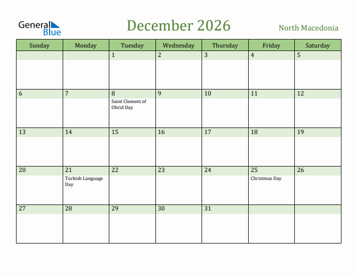 December 2026 Calendar with North Macedonia Holidays