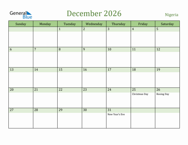 December 2026 Calendar with Nigeria Holidays