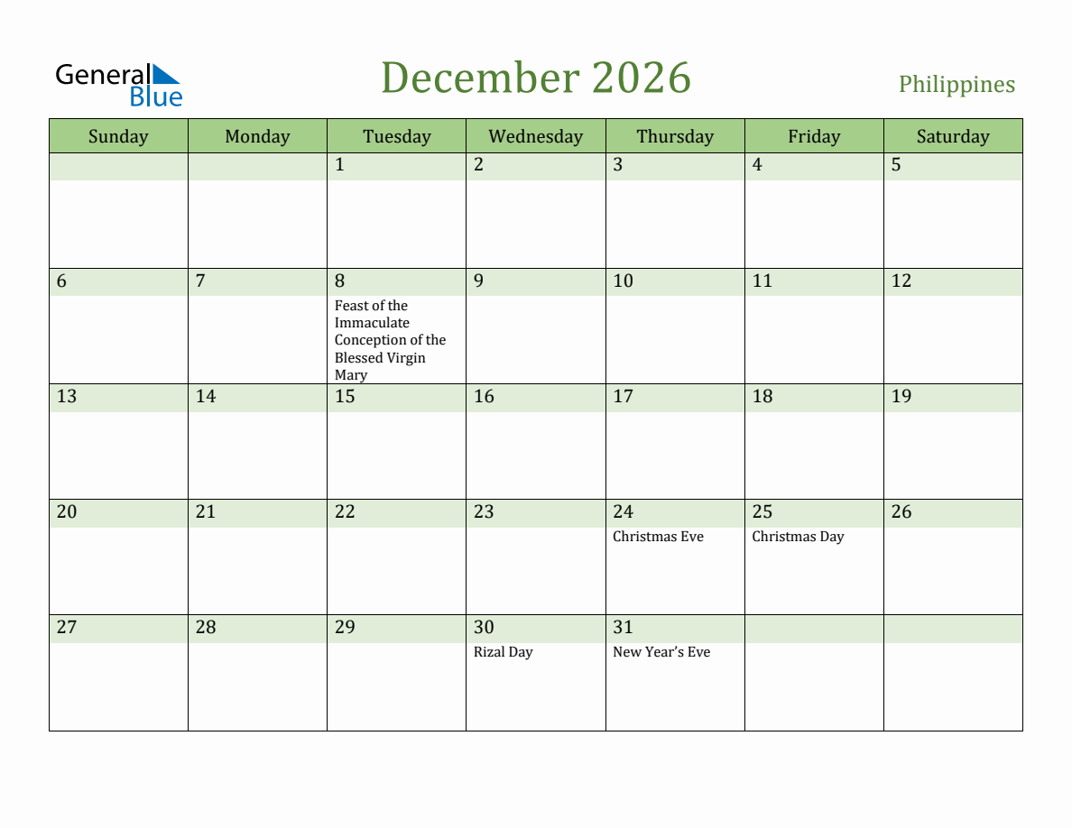 Fillable Holiday Calendar for Philippines December 2026 Fillable Holiday Calendar for Philippines December 2026