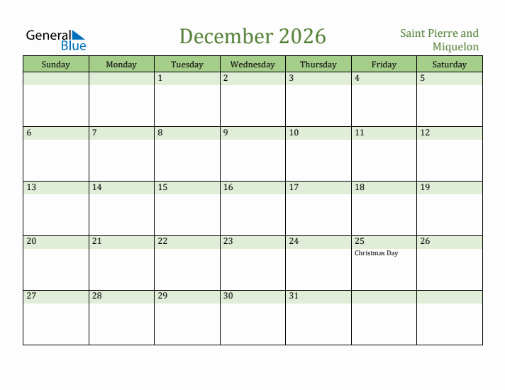 December 2026 Calendar with Saint Pierre and Miquelon Holidays