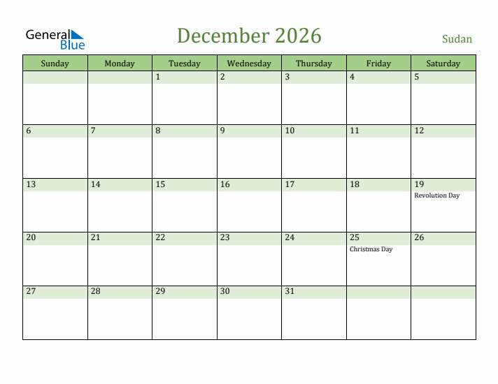 December 2026 Calendar with Sudan Holidays