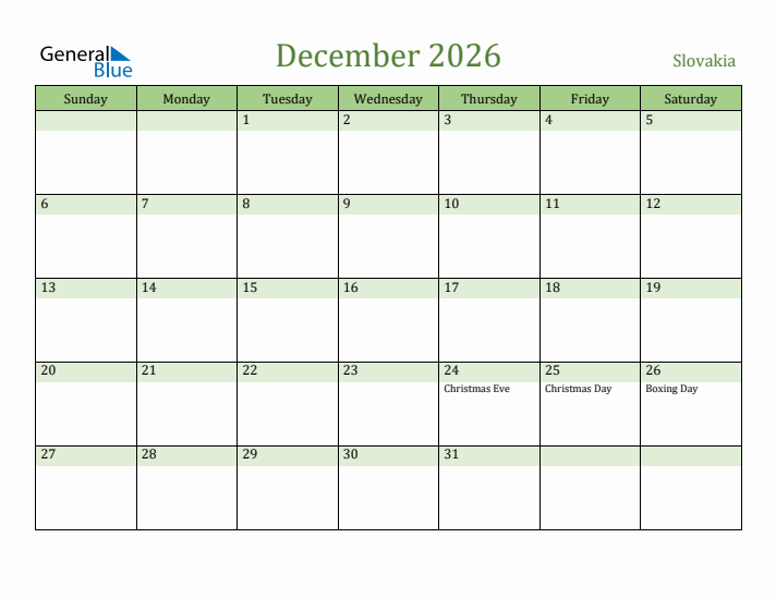 December 2026 Calendar with Slovakia Holidays