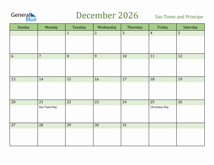 December 2026 Calendar with Sao Tome and Principe Holidays