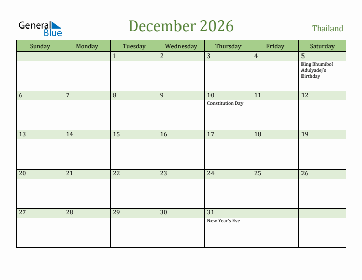 December 2026 Calendar with Thailand Holidays