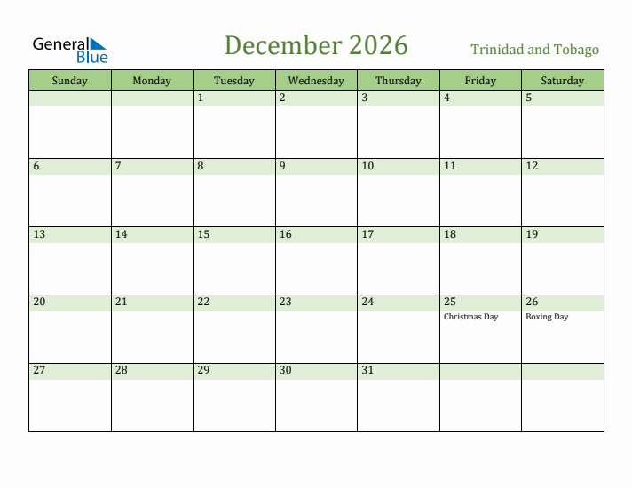 December 2026 Calendar with Trinidad and Tobago Holidays