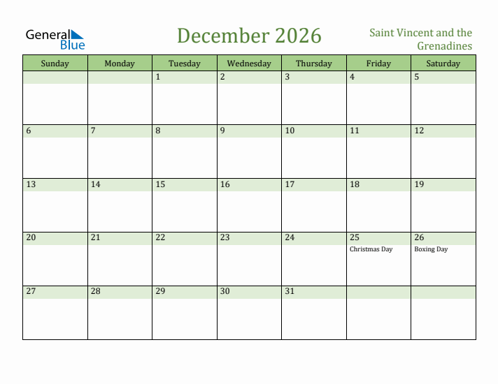 December 2026 Calendar with Saint Vincent and the Grenadines Holidays