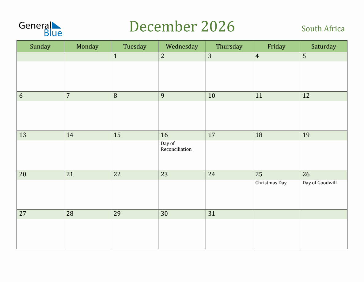 Fillable Holiday Calendar for South Africa December 2026