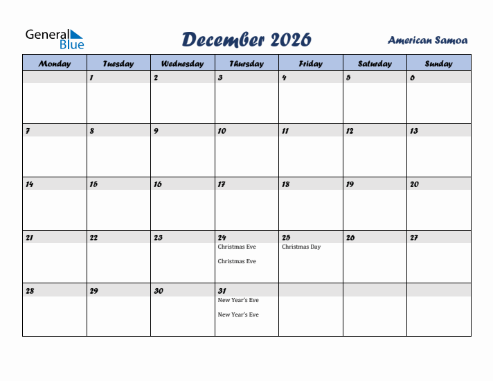 December 2026 Calendar with Holidays in American Samoa