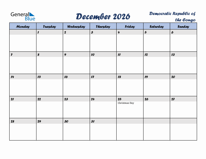 December 2026 Calendar with Holidays in Democratic Republic of the Congo
