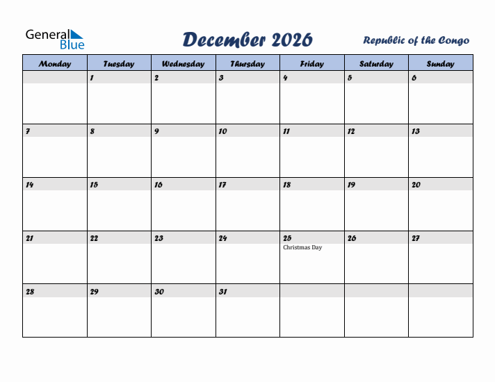 December 2026 Calendar with Holidays in Republic of the Congo