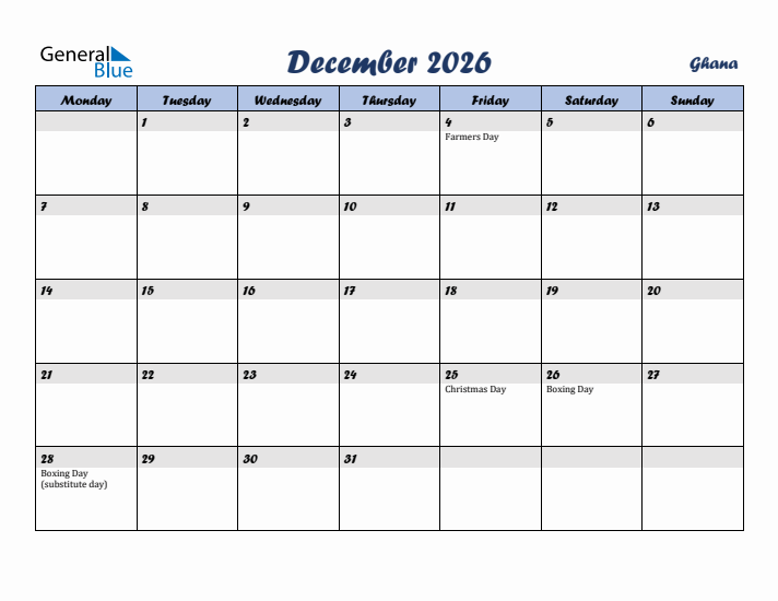 December 2026 Calendar with Holidays in Ghana