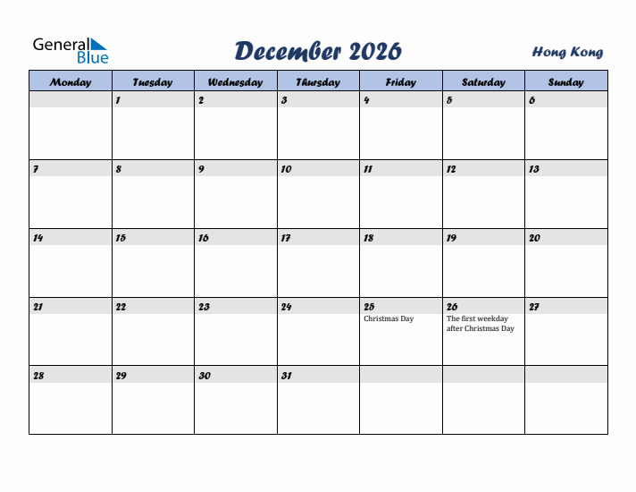 December 2026 Calendar with Holidays in Hong Kong