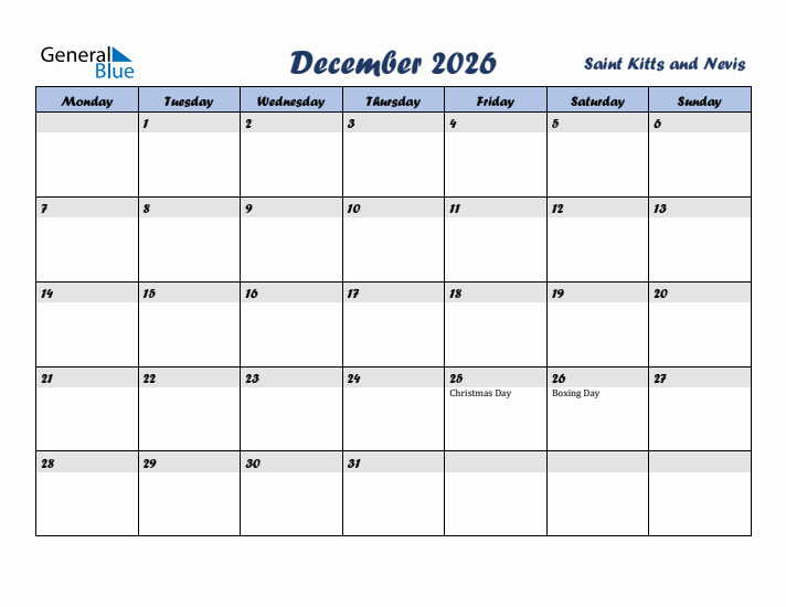 December 2026 Calendar with Holidays in Saint Kitts and Nevis