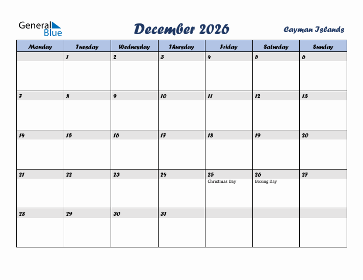 December 2026 Calendar with Holidays in Cayman Islands