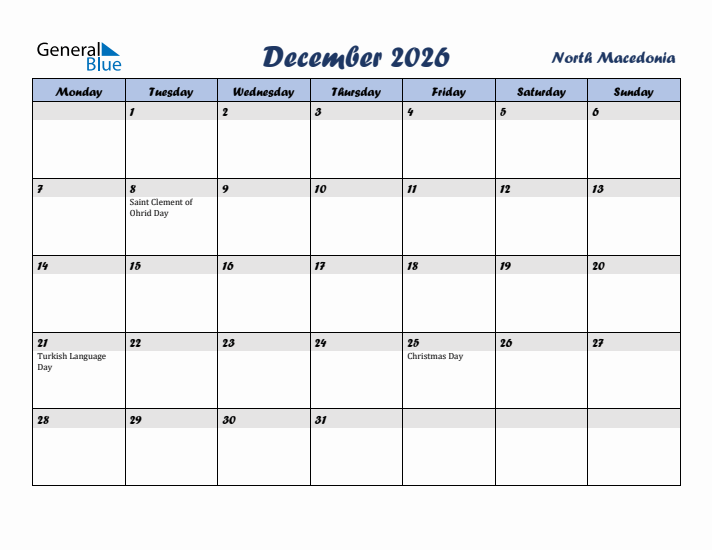 December 2026 Calendar with Holidays in North Macedonia
