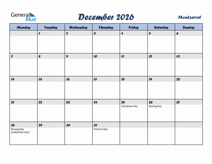 December 2026 Calendar with Holidays in Montserrat