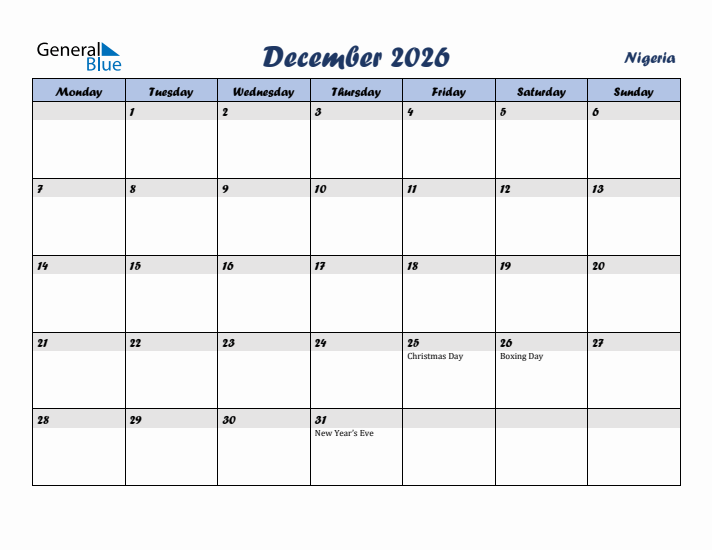December 2026 Calendar with Holidays in Nigeria
