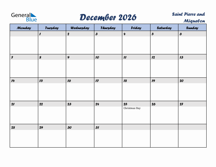 December 2026 Calendar with Holidays in Saint Pierre and Miquelon