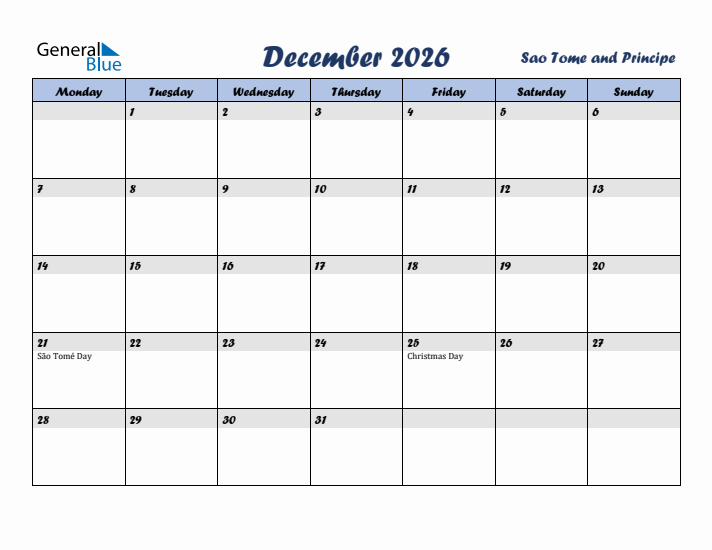 December 2026 Calendar with Holidays in Sao Tome and Principe