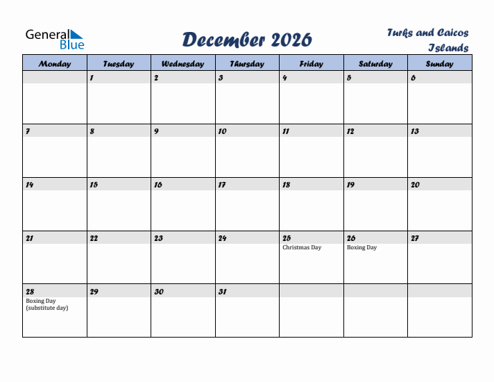 December 2026 Calendar with Holidays in Turks and Caicos Islands