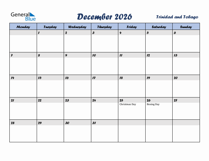 December 2026 Calendar with Holidays in Trinidad and Tobago