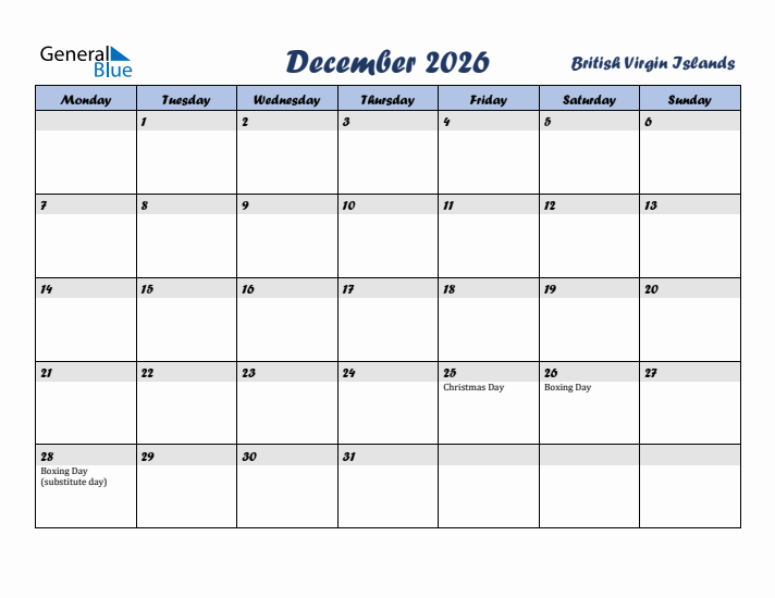 December 2026 Calendar with Holidays in British Virgin Islands