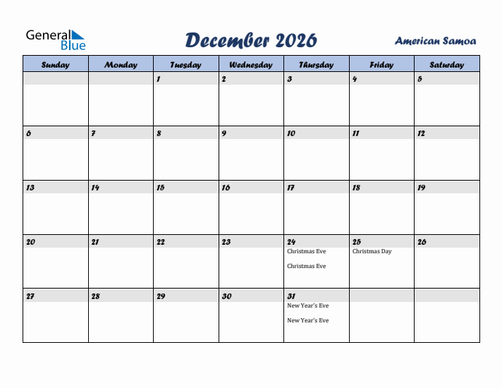 December 2026 Calendar with Holidays in American Samoa