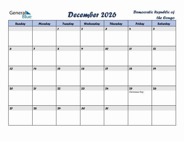 December 2026 Calendar with Holidays in Democratic Republic of the Congo