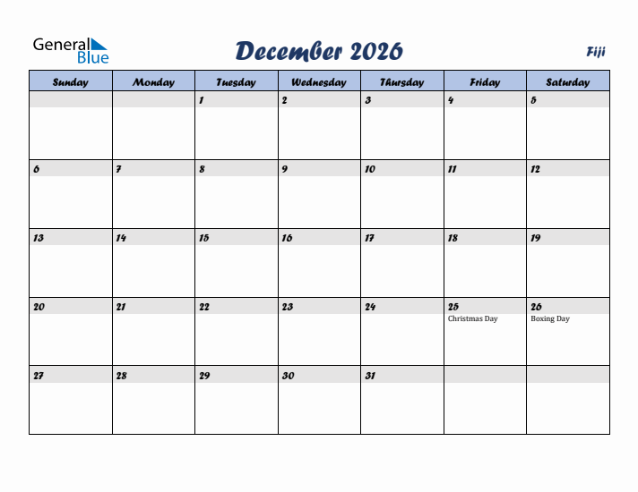 December 2026 Calendar with Holidays in Fiji