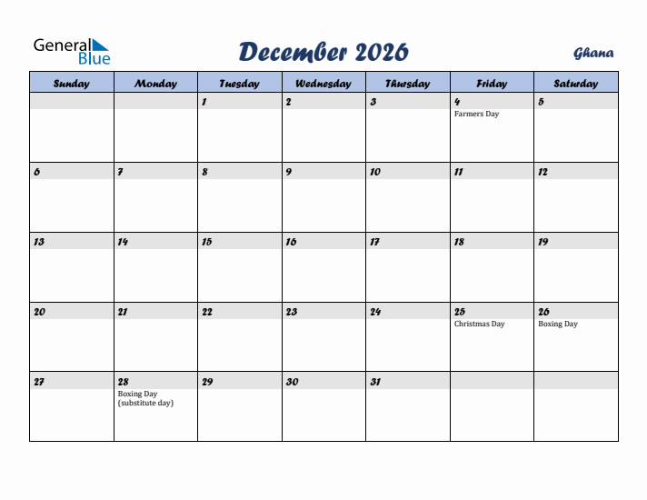 December 2026 Calendar with Holidays in Ghana