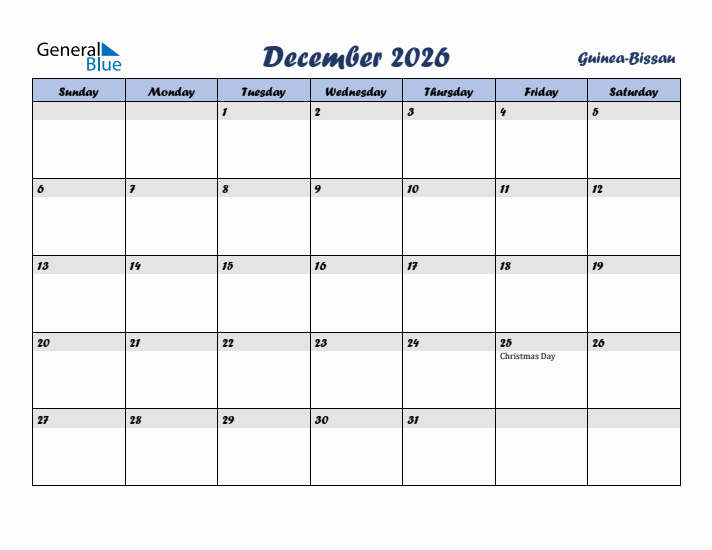 December 2026 Calendar with Holidays in Guinea-Bissau