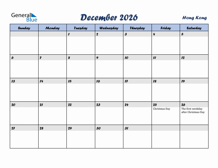 December 2026 Calendar with Holidays in Hong Kong
