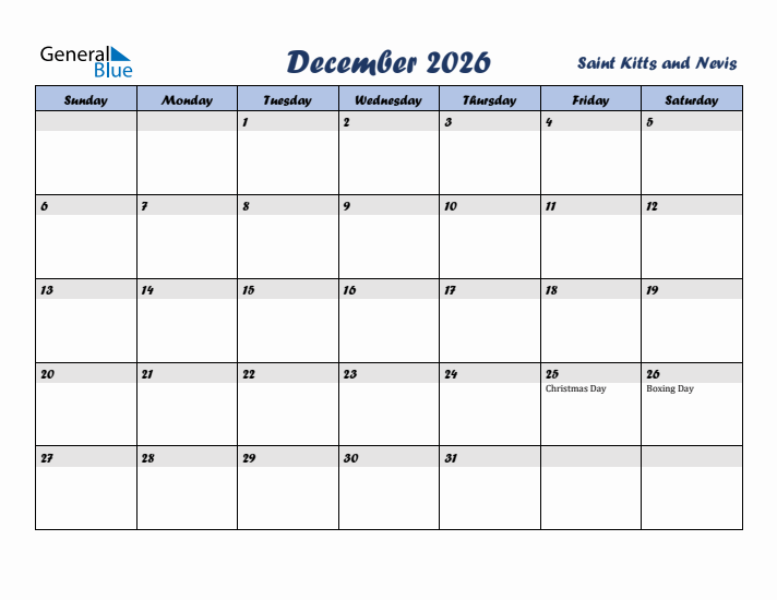 December 2026 Calendar with Holidays in Saint Kitts and Nevis