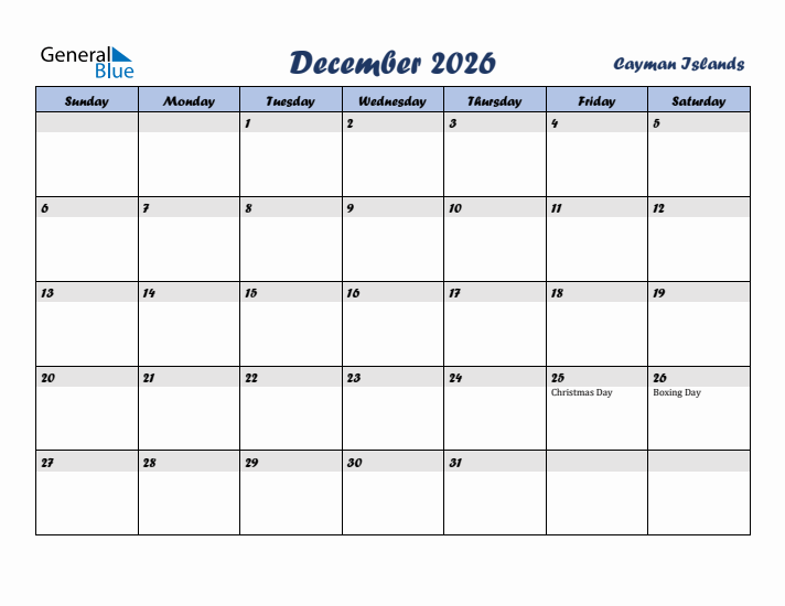 December 2026 Calendar with Holidays in Cayman Islands