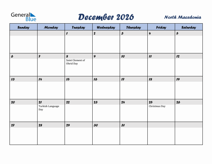 December 2026 Calendar with Holidays in North Macedonia
