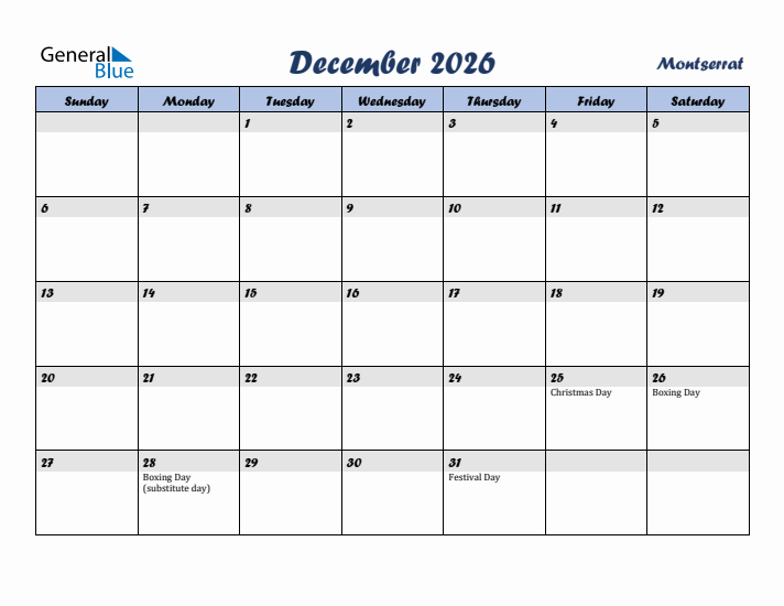 December 2026 Calendar with Holidays in Montserrat