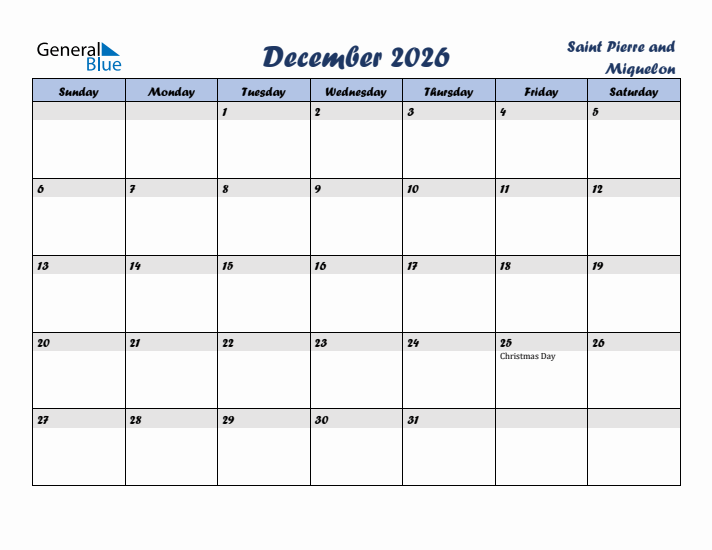 December 2026 Calendar with Holidays in Saint Pierre and Miquelon