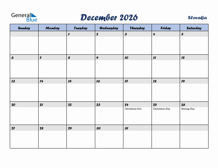 December 2026 Calendar with Holidays in Slovakia