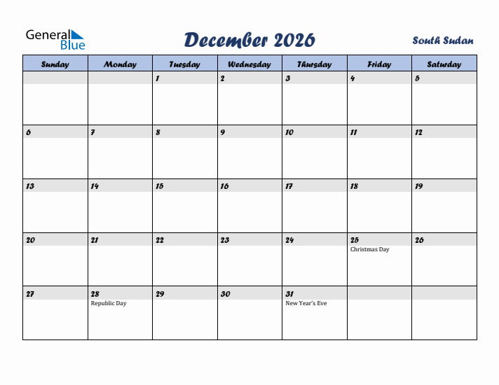 December 2026 Calendar with Holidays in South Sudan