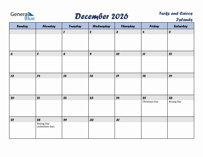 December 2026 Calendar with Holidays in Turks and Caicos Islands