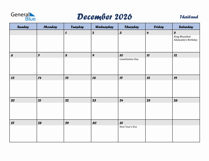 December 2026 Calendar with Holidays in Thailand