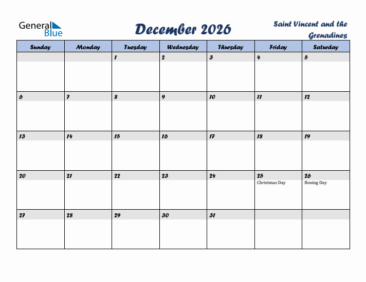 December 2026 Calendar with Holidays in Saint Vincent and the Grenadines