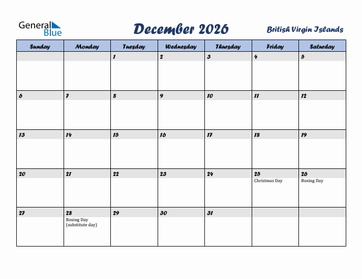 December 2026 Calendar with Holidays in British Virgin Islands