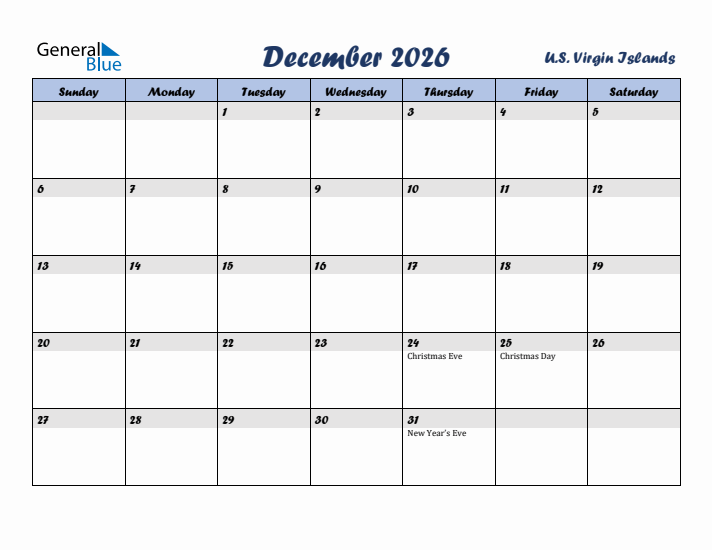 December 2026 Calendar with Holidays in U.S. Virgin Islands