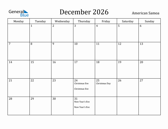 December 2026 Calendar American Samoa