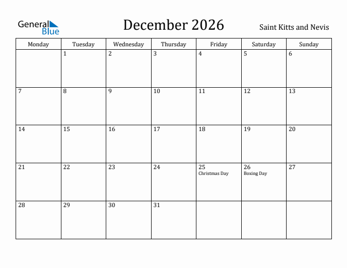 December 2026 Calendar Saint Kitts and Nevis