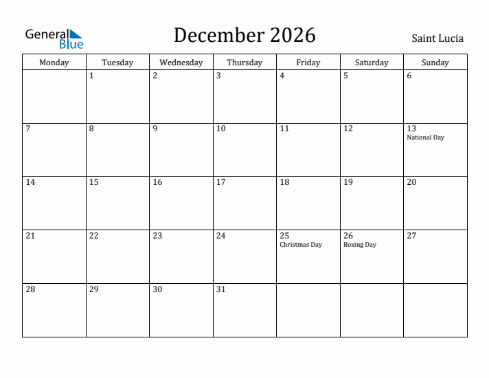 December 2026 Calendar Saint Lucia
