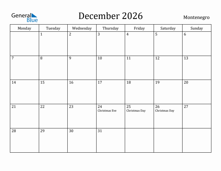 December 2026 Calendar Montenegro