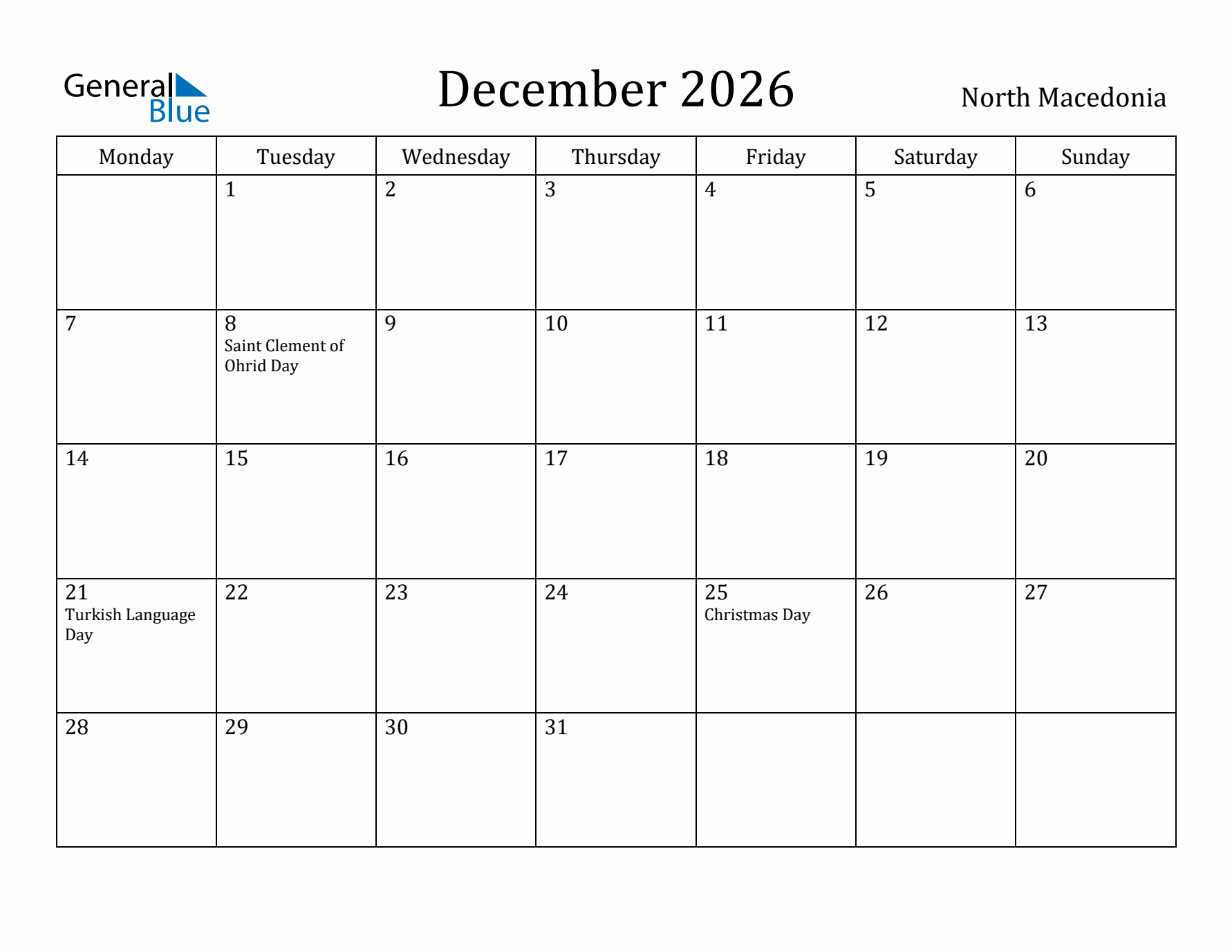 December 2026 Calendar North Macedonia