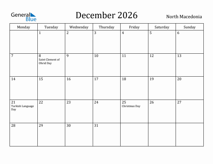 December 2026 Calendar North Macedonia